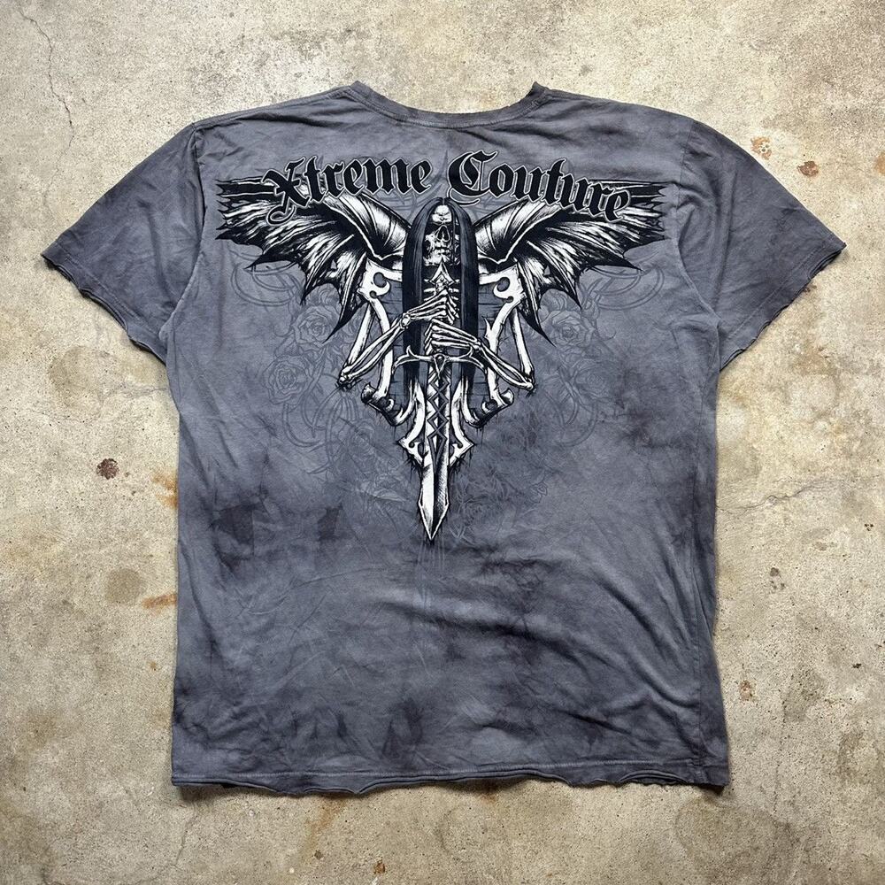 Grey Xtreme Couture Skeleton Wings Affliction Style Shirt Size 3XL